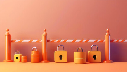 Colorful padlocks and barriers symbolize security and safety in a creative and modern setting, ideal for various projects.