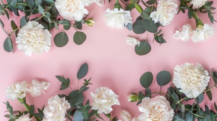 Poster - Delicate white and pastel flowers are gracefully arranged against a pink backdrop, embodying a calm and inviting ambiance