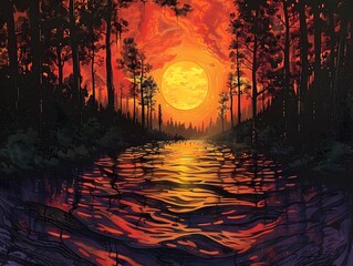 Canvas Print - Sunset Over Forest Lake.