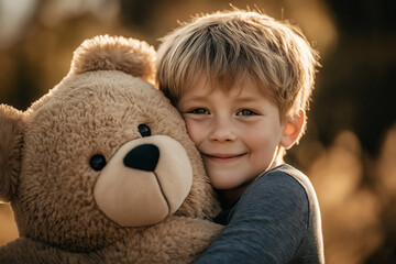 a young boy hugging a large teddy bear outdoors in the warm, golden afternoon light. the boy's expre