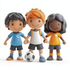 Wall Mural - Students practicing soccer during recess, Cartoon Clay Illustration, School 3D Icon, Isolated on white background