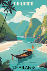 Wall Mural - Travel Destination Poster in retro style. Phuket, Thailand seascape print. Exotic summer vacation, holidays concept. Vintage vector colorful illustrations