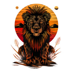 Poster - Gorgeous vector drawing of a powerful lion against a colorful sunset backdrop, including mountains and unique shapes for an eye-catching look
