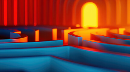 Poster - Abstract maze design with bright colors, featuring contrasting blue and orange tones and illuminated pathways leading to a bright exit