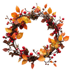 Wall Mural - autumn wreath with pinecones and berries, cut out - stock png.