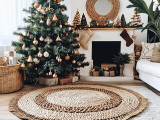 Wall Mural - Christmas Tree Skirt with Natural Fiber Texture, Rustic Boho Decor for a Cozy Holiday Atmosphere