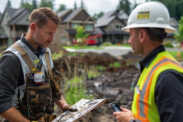 Two construction workers, one in a vest and the other in a hard hat, discuss a project on a muddy site with residential houses in the background. They are reviewing plans.