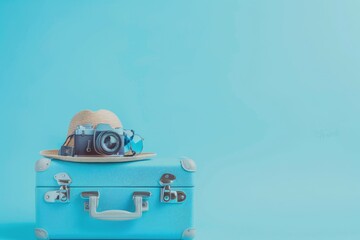 Wall Mural - A blue suitcase with a hat on top, a unique accessory for travel or adventure