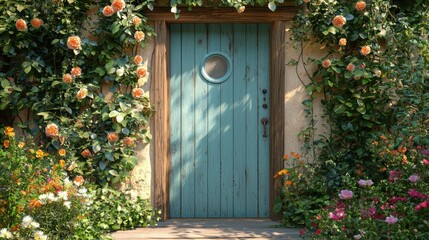 Canvas Print - A blue door with flowers surrounding it in a garden, AI