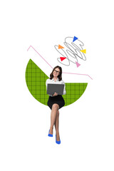Aufkleber - Image 3d collage of professional worker smiling lady sitting analyzing statistics isolated on drawing background