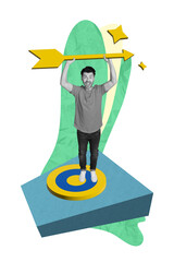 Aufkleber - Funky business worker excited crazy man hold arrow for success target achieve challenge get job promotion isolated on green background