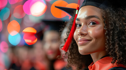 A woman wearing a black graduation cap and gown is smiling. She is surrounded by other people, some of whom are also wearing graduation caps and gowns. The atmosphere is celebratory and joyful