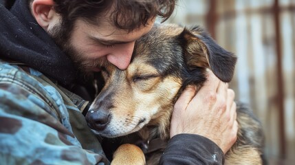 A man embraces dog, showcasing deep emotional bond and affection. dog appears calm and content, reflecting trust and love. 