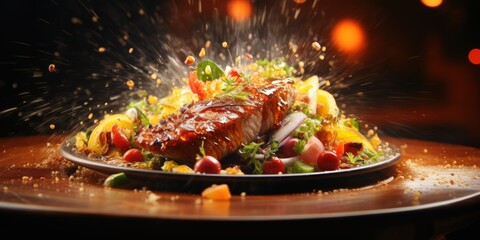 Wall Mural - Grilled Salmon with Salad and Spices