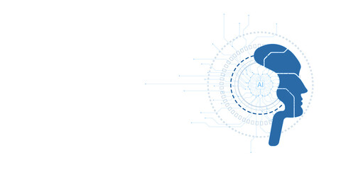 Wall Mural - Blue silhouette of a human head with AI circuits on white background. Concept of artificial intelligence and technology integration