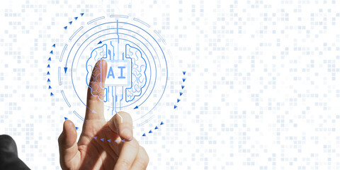Poster - Hand pointing to AI symbol surrounded by digital circuit elements, on a white background with pixelated patterns. Concept of machine learning and technology solutions