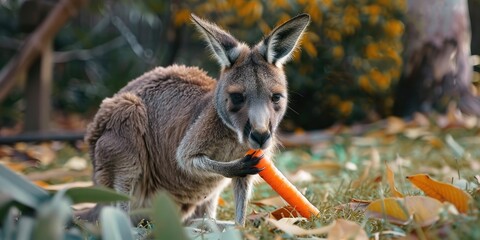 Wall Mural - A young kangaroo munching on a carrot