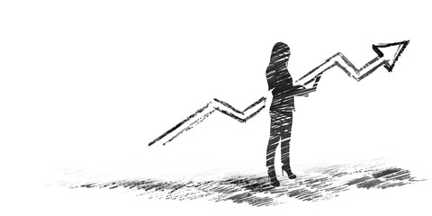Poster - Silhouette of a woman holding an upward arrow, symbolizing growth, on a white background. Concept of progress and success