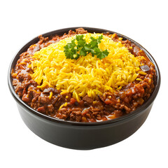 Wall Mural - Tasty african meal with yellow rice and savory meat stew topped with fresh herbs, served in a sleek black bowl