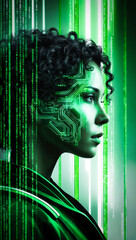 Poster - A side profile of a woman wearing high tech accesories, against a futuristic background