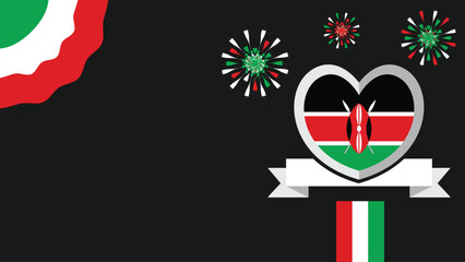 Wall Mural - Kenya vector banner design illustration with flag colors, geometric shapes and typography. fireworks and ribbon elements.