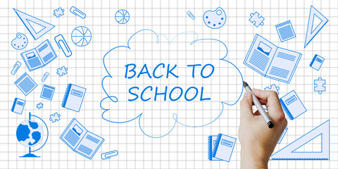 Aufkleber - Back to School text with hand drawing on a grid background, surrounded by blue school-related icons including books, a globe, and a ruler. Academic concept