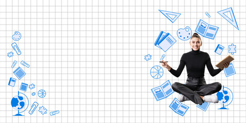 Aufkleber - Student holding a book and pen, surrounded by blue education icons on a checkered white background. Concept of learning and study