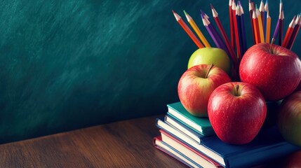 Canvas Print - A stack of books with apples and pencils on top, AI