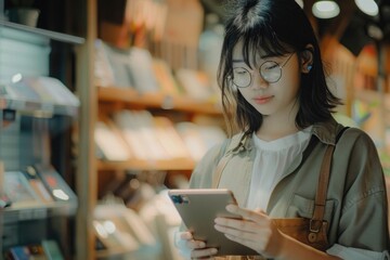 Poster - a woman wearing glasses is focusing on her tablet screen