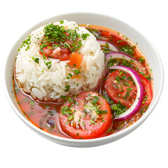 Delicious african meal with a plate of fluffy white rice topped with a colorful tomato sauce and sprinkled with herbs