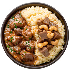 Wall Mural - Tasty african meal with stewed meat, fufu, and cashews, served in a stylish black bowl to highlight the delicious traditional flavors