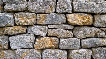 A detailed view of a dry stone wall, with interlocking stones and natural gaps.