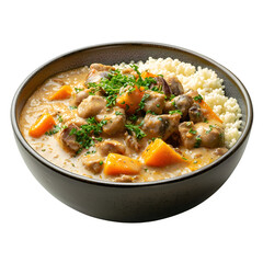 Wall Mural - Tasty african stew with fresh veggies and couscous in a dark bowl, topped with herbs for a pop of color and flavor