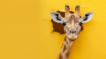 A cute giraffe on an yellow paper wall