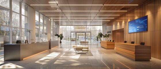 Futuristic High-Tech Office Lobby with Smart Check-In Systems and 8K UHD Information Displays