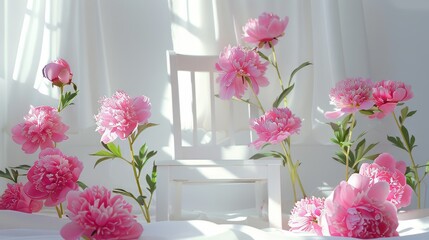 Wall Mural - Giant  flowers with a white background and a white chair in the middle of the frame