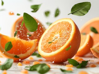 Wall Mural - falling orange slices and leaves