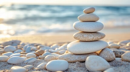 Sticker - A stack of rocks on a beach near the ocean, AI