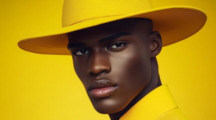 Black man in yellow suit and hat, portrait photography, yellow background