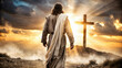 © SVasco - Jesus Christ dressed in a white robe walks towards a cross with sun rays effect