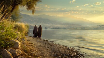 Jesus calling his first disciples, Peter and Andrew, as they are fishing by the Sea of Galilee