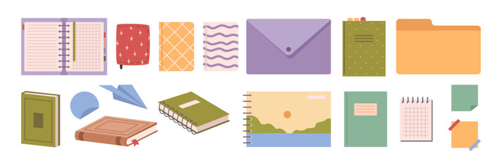 Aufkleber - Fundamental school supplies. Vector isolated composition and spiral bound notebooks and drawing albums, stickers and folders, textbooks and paper airplane. Academic and personal tasks tool