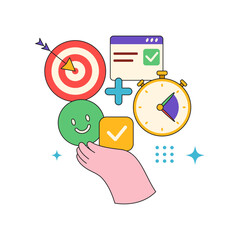 Poster - Productivity and efficiency tools and instruments, isolated target and arrow. Vector flat cartoon hand with timer or clock, calendar with appointments. Workflow organization