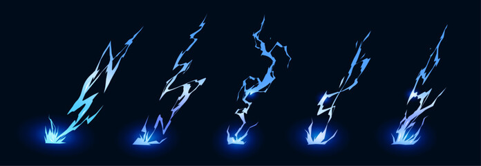 Poster - Thunderbolts hitting ground, isolated set of lightning sticking or attacking. Vector isolated set of glowing magical powerful effect shotgun. Thunderstorm and lightening, flares and discharge