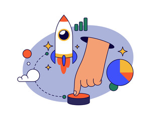 Aufkleber - Starting new project or organization, business startup development and deployment. Vector flat hand pressing button to initiate rocket launching. Entrepreneurship and leadership