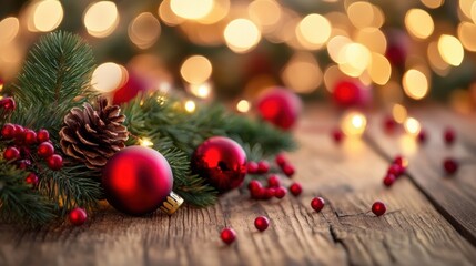 Poster - A close up of a christmas tree with decorations and pine cones, AI