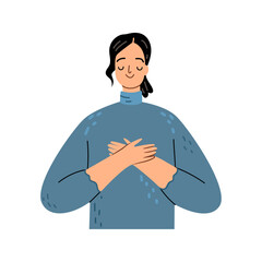 Happy mindful thankful woman holding hands on chest meditating with eyes closed isolated on white. Vector cartoon character feeling no stress, gratitude, mental health balance, peace of mind