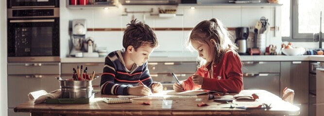 children studying in the kitchen at home, back to school