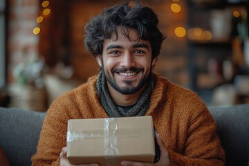 Wall Mural - Close-Up of a Smiling Indian Young Man with a Parcel, Holding a Box, and Using a Mobile Phone