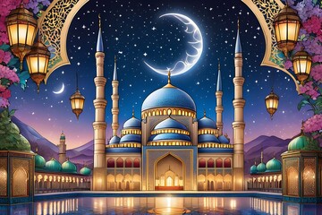 Wall Mural - Illustration of Ramadan Kareem greeting card with mosque and crescent moon